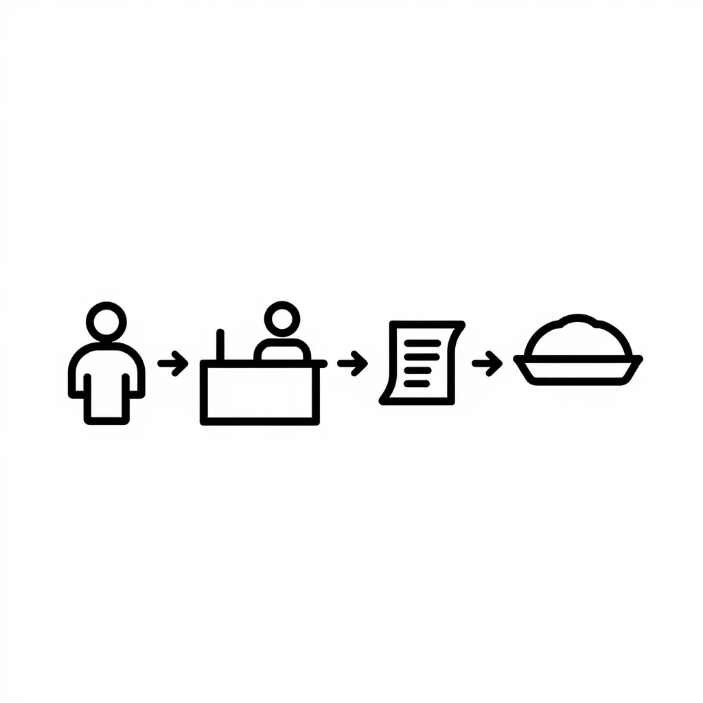 A simple flat two-dimensional diagram showing the counter ordering flow as a left-to-right arrow sequence of four abstract icons: a customer, a service counter, a receipt or ticket, and a food tray, in clean minimal line-art style