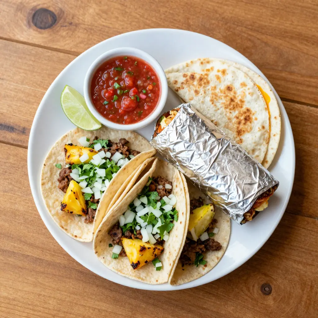 Plate of al pastor tacos, a burrito and a cheese quesadilla from El Tragon Taqueria Chicago