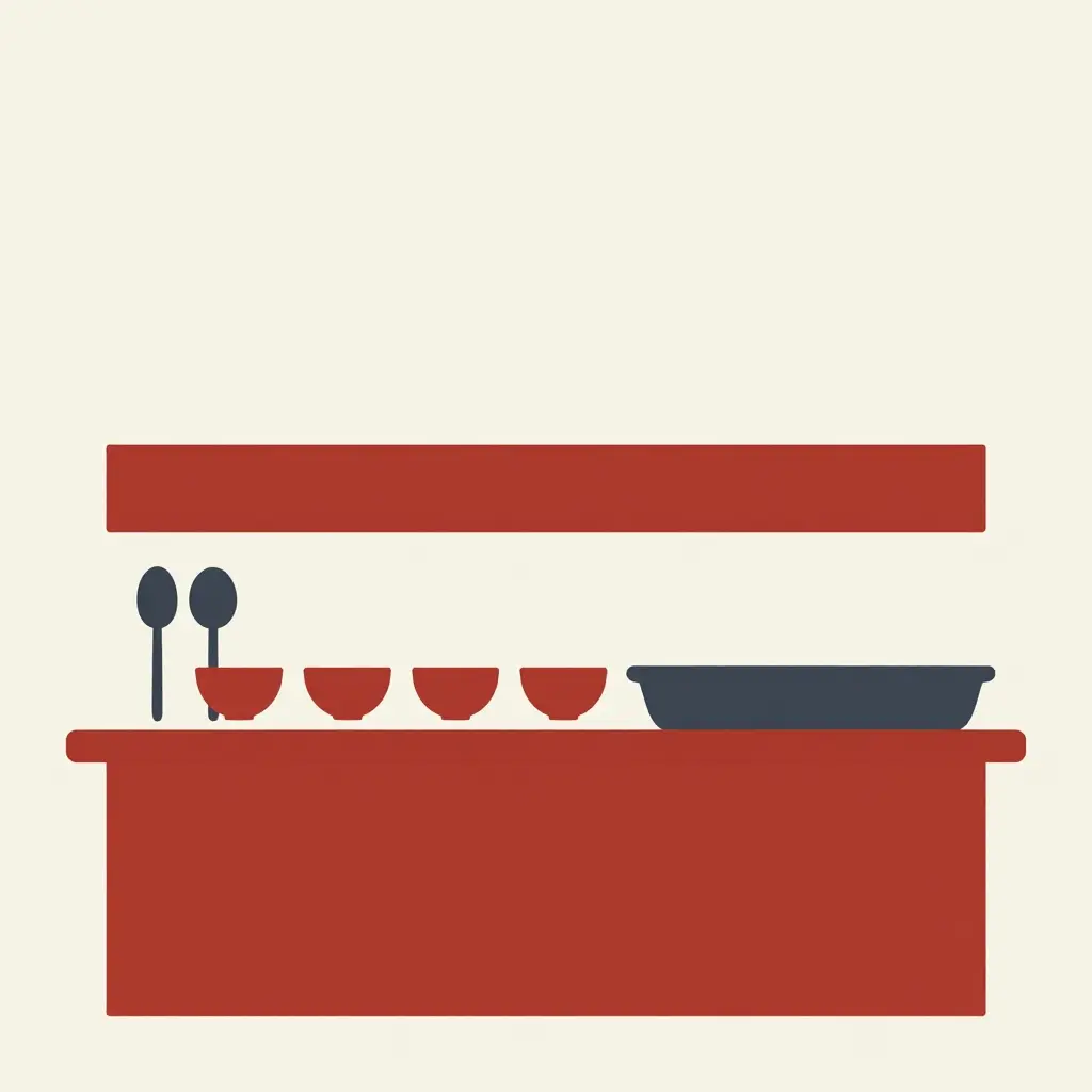 A flat two-color diagram of a salsa bar layout showing a long counter line, a row of small salsa bowls, a large food tray, and serving utensils