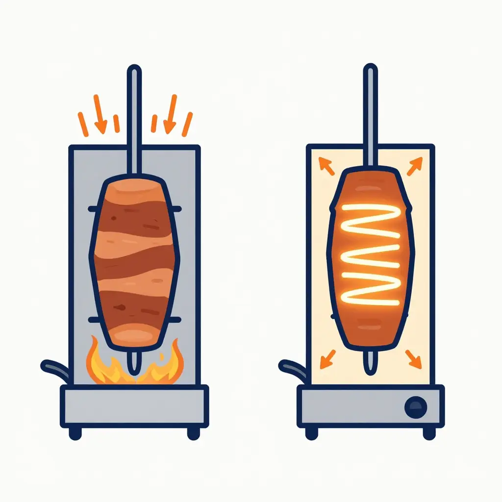 Schematic diagram comparing gas-fired and electric vertical broilers delivering heat to stacked al pastor meat on a trompo spit