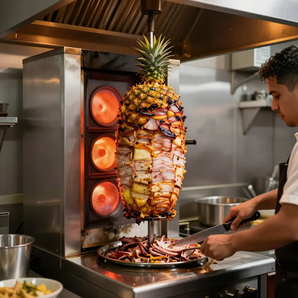 Gas vertical broiler (trompo) roasting al pastor pork in a professional taqueria kitchen