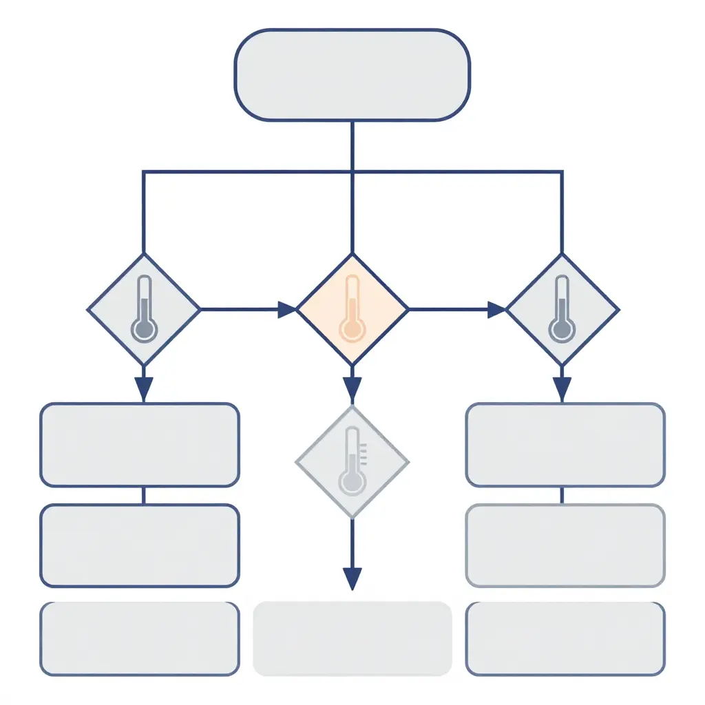 Minimalist decision flowchart comparing gas versus electric vertical broiler (trompo) options based on ventilation, output volume, and temperature control needs