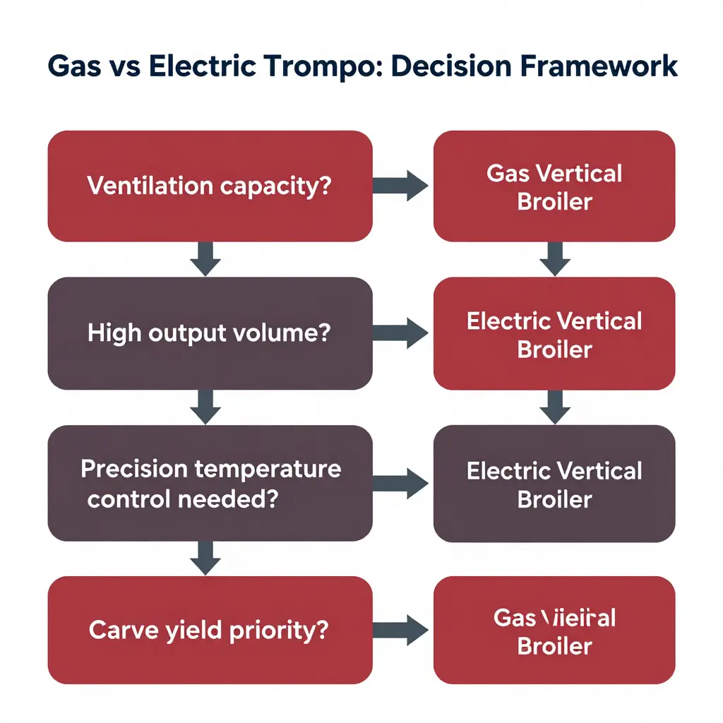 Decision flowchart for choosing a gas or electric vertical broiler based on ventilation, output volume, temperature control, and carve yield