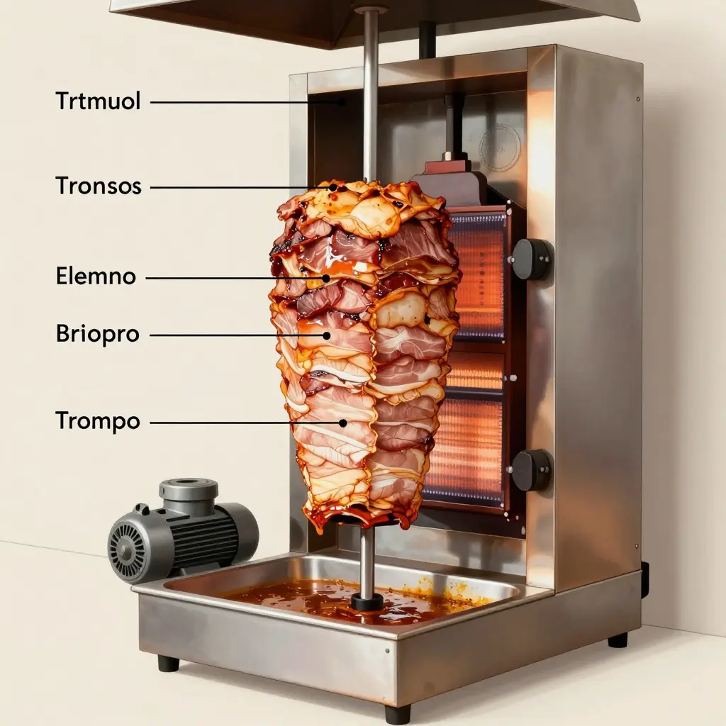 Labeled cutaway diagram of a vertical broiler trompo showing the spit rod, side burners, motor, drip tray, and outer enclosure